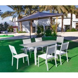 Muebles de jardín Parasol con Mesa Extensible HPL130-180 Palma Aluminio Blanco y 6 Sillas Hevea